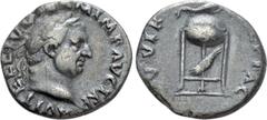 Roman Imperial Coins VITELLIUS (69). Denarius. Rome. Obv: A VITELLIVS GERMAN IMP TR P. Laureate head right. Rev: XV VIR SACR FAC. Tripod surmounted by dolphin right; below, raven standing right. RIC² 