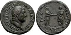 Roman Imperial Coins VITELLIUS (69). Dupondius. Rome. Obv: A VITELLIVS GERM IMP AVG P M TR P. Laureate head right. Rev: PAX AVGVSTI. Roma, helmeted, standing right, holding shield and clasping hands w
