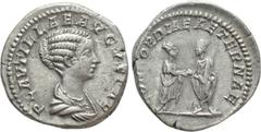 Roman Imperial Coins PLAUTILLA (Augusta, 202-205). Denarius. Obv: PLAVTILLAE AVGVSTAE. Draped bust right. Rev: CONCORDIAE AETERNAE. Caracalla and Plautilla standing facing one another, clasping hands.