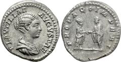 Roman Imperial Coins PLAUTILLA (Augusta, 202-205). Denarius. Rome. Obv: PLAVTILLAE AVGVSTAE. Draped bust right. Rev: PROPAGO IMPERI. Plautilla standing right, clasping hands with Caracalla standing le
