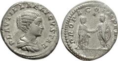 Roman Imperial Coins PLAUTILLA (Augusta, 202-205). Denarius. Rome. Obv: PLAVTILLAE AVGVSTAE. Draped bust right. Rev: PROPAGO IMPERI. Plautilla standing right, clasping hands with Caracalla standing le