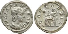 Roman Imperial Coins JULIA PAULA (Augusta, 219-220). Denarius. Antioch. Obv: IVLIA PAVLA AVG. Draped bust right. Rev: CONCORDIA. Concordia seated left on throne, holding patera; star to left. RIC 211 