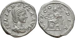 Roman Imperial Coins JULIA PAULA (Augusta, 219-220). Denarius. Rome. Obv: IVLIA PAVLA AVG. Draped bust right. Rev: CONCORDIA. Concordia seated left on throne, holding patera; star to left. RIC 211 (El