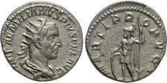 Roman Imperial Coins AEMILIAN (253). Antoninianus. Rome. Obv: IMP AEMILIANVS PIVS FEL AVG. Radiate, draped and cuirassed bust right. Rev: MARTI PROPVG T. Mars standing left, holding spear and resting 