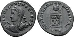 Roman Imperial Coins CRISPUS (Caesar, 316-326). Follis. Treveri. Obv: IVL CRISPVS NOB CAES. Laureate and cuirassed bust left, holding shield and spear pointing forward. Rev: BEATA TRANQVILLITAS / P TR