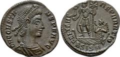 Roman Imperial Coins CONSTANS (337-350). Follis. Siscia. Obv: D N CONSTANS P F AVG. Diademed, draped and cuirassed bust right. Rev: FEL TEMP REPARATIO / B SIS (symbol). Constans standing left in galle