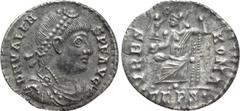 Roman Imperial Coins VALENS (364-378). Siliqua. Treveri. Obv: D N VALENS P F AVG. Diademed, draped and cuirassed bust right. Rev: VRBS ROMA / TRPS•. Roma seated left on throne, holding victoriola and 