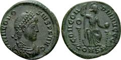 Roman Imperial Coins THEODOSIUS I (379-395). Ae. Constantinople. Obv: D N THEODOSIVS P F AVG. Diademed, draped and cuirassed bust right. Rev: CONCORDIA AVGGG / O / CONSA. Constantinopolis, helmeted, s