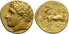 Greek Coins SICILY. Syracuse. Agathokles (317-289 BC). GOLD Drachm - Hemistater. Obv: Laureate head of Apollo left; uncertain control to right. Rev: ΣΥΡAΚΟΣΙΩΝ. Charioteer driving fast biga right, clo