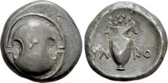Greek Coins BOEOTIA. Thebes. Stater (Circa 395-338 BC). Charo-, magistrate. Obv: Boeotian shield. Rev: ΨΑ-RO. Amphora; above, ivy wreath; all within shallow incuse. Cf. BCD Boiotia 508; Hepworth 94. C