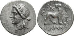 Greek Coins IONIA. Miletos. Hemidrachm (Circa 225-190 BC). Hemidrachm. Philidas, magistrate. Obv: Laureate head of Apollo left. Rev: ΦIΛIΔAΣ. Lion standing right, head left; monogram to right, star to