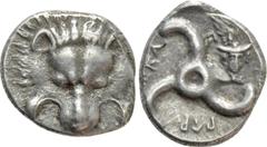 Greek Coins DYNASTS OF LYCIA. Perikles (Circa 380-360 BC). Tetrobol. Obv: Facing lion’s scalp. Rev: Triskeles; facing head of Hermes in right field. Cf. Müseler VIII, 42. Condition: Good very fine. We