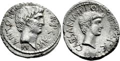 Roman Republican Coins MARK ANTONY and OCTAVIAN. Denarius (41 BC). Military mint travelling with Mark Antony. Obv: M ANTON IMP III VIR R P C AVG. Bare head of Mark Antony right. Rev: CAESAR IMP PONT I
