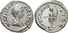 Roman Imperial Coins PLAUTILLA (Augusta, 202-205). Denarius. Rome. Obv: PLAVTILLA AVGVSTA. Draped bust right. Rev: CONCORDIA AVGG. Concordia standing left, holding patera and sceptre. RIC 363a (Caraca