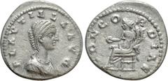 Roman Imperial Coins PLAUTILLA (Augusta, 202-205). Denarius. Laodicea ad Mare. Obv: PLAVTILLA AVG. Draped bust right. Rev: CONCORDIAE. Concordia seated left on throne, holding patera and double cornuc