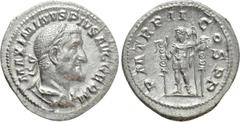 Roman Imperial Coins MAXIMINUS THRAX (235-238). Denarius. Rome. Obv: MAXIMINVS PIVS AVG GERM. Laureate, draped and cuirassed bust right. Rev: P M TR P II COS P P. Emperor standing left with spear, fla