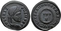 Roman Imperial Coins CRISPUS (Caesar, 316-326). Follis. Siscia. Obv: IVL CRISPVS NOB C. Laureate head right. Rev: CAESARVM NOSTRORVM / ASIS (star). VOT / V in two lines within wreath. RIC 161. Conditi
