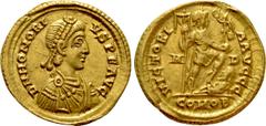 Roman Imperial Coins HONORIUS (393-423). GOLD Solidus. Mediolanum. Obv: D N HONORIVS P F AVG. Diademed, draped and cuirassed bust right. Rev: VICTORIA AVGGG / M - D / COMOB. Honorius standing right, w