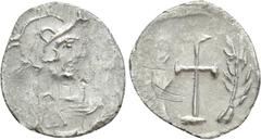 Byzantine Coins MAURICE TIBERIUS (582-602). Half Siliqua(?). Constantinople. Ceremonial coinage. Obv: Helmeted, draped and cuirassed bust right. Rev: Cross potent; palm frond to left and right. Cf. Se