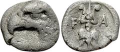 Greek Coins ELIS. Olympia. Obol (Circa 396-380 BC). Zeus. Obv: Head of eagle left. Rev: F - A. Flaming thunderbolt with volutes. BCD Olympia 104; HGC 5, 469. Condition: Near very fine. Weight: 0.79 g.