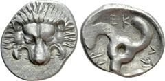 Greek Coins DYNASTS OF LYCIA. Perikles (Circa 380-360 BC). Tetrobol. Uncertain mint, possibly Limyra. Obv: Facing scalp of lion. Rev: Triskeles within incuse circle. Müseler VIII.49-51; SNG von Aulock