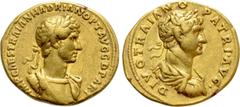 Roman Imperial Coins HADRIAN (117-183). GOLD Aureus with Divus Trajan. Rome. Obv: IMP CAES TRAIAN HADRIAN OPT AVG G D PART. Laureate and cuirassed bust of Hadrian right. Rev: DIVO TRAIANO PATRI AVG. L
