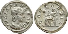 Roman Imperial Coins JULIA PAULA (Augusta, 219-220). Denarius. Antioch. Obv: IVLIA PAVLA AVG. Draped bust right. Rev: CONCORDIA. Concordia seated left on throne, holding patera; star to left. RIC 211 