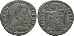 Roman Imperial Coins MAXENTIUS (307-312). Follis. Aquileia. Obv: IMP C MAXENTIVS P F AVG. Laureate head right. Rev: CONSERV VRB SVAE / AQ S. Roma seated left on shield, holding spear and presenting gl