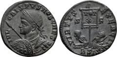 Roman Imperial Coins CRISPUS (Caesar, 316-326). Follis. Siscia. Obv: IVL CRISPVS NOB CAES. Laureate and cuirassed bust left, holding shield and spear. Rev: VIRTVS EXERCIT / S - F / B SIS (star). Vexil