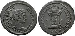 Roman Imperial Coins CRISPUS (Caesar, 316-326). Follis. Lugdunum. Obv: CRISPVS NOB CAES. Laureate head right. Rev: BEATA TRANQVILLITAS / C - R / PLG. Altar surmounted by globe and inscribed VO / TIS /