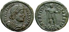 Roman Imperial Coins VALENTINIAN I (364-375). Follis. Siscia. Obv: D N VALENTINIANVS P F AVG. Diademed, draped and cuirassed bust right. Rev: RESTITVTOR REIP / ASISC. Emperor standing facing, head rig