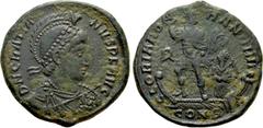 Roman Imperial Coins GRATIAN (367-383). Ae. Constantinople. Obv: D N GRATIANVS P F AVG. Diademed, helmeted, draped and cuirassed bust right, holding spear. Rev: GLORIA ROMANORVM / CONB. Gratian standi