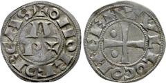 Medieval Coins FRANCE. Béarn. Anonymous. Denier (12th-13th centuries). Obv: + ONOR FORCAS. Legend around A/P+. Rev: CENTVLLO COME. Cross pattée with pellets in first and second quarters. Duplessy, Féo