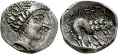 Celtic Coins WESTERN EUROPE. Gaul. Insubres. Drachm (1st century BC). Imitating Massalia. Obv: Female head right; wearing earring. Rev: Stylized lion right. LT 2146. Condition: Very fine. Weight: 2.37