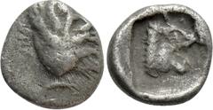 Greek Coins GAUL. Massalia. Obol (Circa 475 BC). Obv: Head of griffin right. Rev: Head of roaring lion right within incuse square. Maurel 93. Condition: Near very fine. Weight: 0.89 g. Diameter: 10 mm
