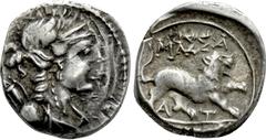 Greek Coins GAUL. Massalia. Drachm (Circa 125-90 BC). Obv: Bust of Artemis right, bow and quiver over shoulder. Rev: MAΣΣAΛIHTΩN. Lion walking right; A T below. Maurel 597; Depeyrot 41/10. Condition: 