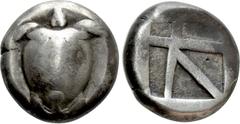 Greek Coins ATTICA. Aegina. Stater (Circa 480-457 BC). Obv: Sea turtle, head turned to left in profile, with pelleted-T design on shell. Rev: Square incuse with large skew pattern. SNG Copenhagen 507;