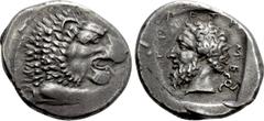 Greek Coins DYNASTS OF LYCIA. Mithrapata (Circa 390-370 BC). Stater. Uncertain mint (Zagaba or Phellos). Obv: Forepart of roaring lion right. Rev: Bare-headed and bearded head of Mithrapata left; tris