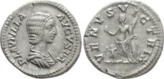 Roman Imperial Coins PLAUTILLA (Augusta, 202-205). Denarius. Rome. Obv: PLAVTILLA AVGVSTA. Draped bust right. Rev: VENVS VICTRIX. Venus standing left, holding apple and palm frond, and resting elbow u