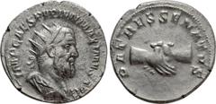 Roman Imperial Coins PUPIENUS (238). Antoninianus. Rome. Obv: IMP CAES PVPIEN MAXIMVS AVG. Radiate, draped and cuirassed bust right. Rev: PATRES SENATVS. Clasped hands. RIC 11b. Condition: Very fine. 