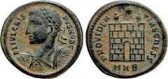 Roman Imperial Coins CRISPUS (Caesar, 316-326). Follis. Nicomedia. Obv: FL IVL CRISPVS NOB C. Laureate, draped and cuirassed bust left. Rev: PROVIDENTIAE CAESS / MNB. Camp gate, with two turrets and o