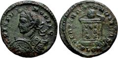 Roman Imperial Coins CRISPUS (Caesar, 316-326). Follis. Londinium. Obv: CRISPVS NOBIL C. Laureate and cuirassed bust left, holding spear and shield. Rev: BEAT TRANQLITAS / P LON. Globe set on altar in