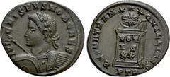Roman Imperial Coins CRISPUS (Caesar, 316-326). Follis. Treveri. Obv: IVL CRISPVS NOB CAES. Laureate and cuirassed bust left, holding shield and spear pointing forward. Rev: BEATA TRANQVILLITAS / P TR