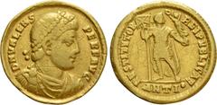 Roman Imperial Coins VALENS (364-378). GOLD Solidus. Antioch. Obv: D N VALENS PER F AVG. Diademed, draped and cuirassed bust right. Rev: RESTITVTOR REIPVBLICAE / ANTI•. Valentinian standing facing, he