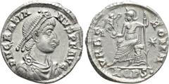 Roman Imperial Coins GRATIAN (367-383). Siliqua. Aquileia. Obv: D N GRATIANVS P F AVG. Diademed, draped and cuirassed bust right. Rev: VRBS ROMA / AQPS•. Roma seated left on cuirass, holding Victory o