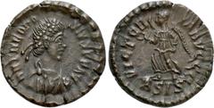 Roman Imperial Coins THEODOSIUS I (379-395). Ae. Siscia. Obv: D N THEODOSIVS P F AVG. Diademed, draped and cuirassed bust right. Rev: VICTORIA AVGGG / A SIS. Victory advancing left with wreath and pal