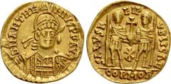 Roman Imperial Coins ANTHEMIUS (467-472). GOLD Solidus. Rome. Obv: D N ANTHEMIVS P F AVG. Helmeted and cuirassed bust facing slightly right, holding spear and shield decorated with horseman motif. Rev