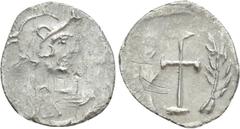 Byzantine Coins MAURICE TIBERIUS (582-602). Half Siliqua(?). Constantinople. Ceremonial coinage. Obv: Helmeted, draped and cuirassed bust right. Rev: Cross potent; palm frond to left and right. Cf. Se