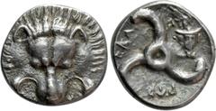 Greek Coins DYNASTS OF LYCIA. Perikles (Circa 380-360 BC). Tetrobol. Obv: Facing lion’s scalp. Rev: Triskeles; facing head of Hermes in right field. Cf. Müseler VIII, 42. Condition: Good very fine. We