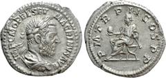 Roman Imperial Coins MACRINUS (217-218). Denarius. Rome. Obv: IMP C M OPEL SEV MACRINVS AVG. Laureate and draped bust right. Rev: P M TR P II COS P P. Macrinus seated left on curule chair, holding glo